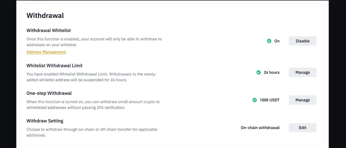 幣安繁體中文說明頁截圖:設定頁的 Withdrawal 區塊,列出 Withdrawal Whitelist 顯示 On、Whitelist Withdrawal Limit 顯示 24 hours、One-step Withdrawal 顯示 1000 USDT、Withdraw Setting 顯示 On-chain withdrawal