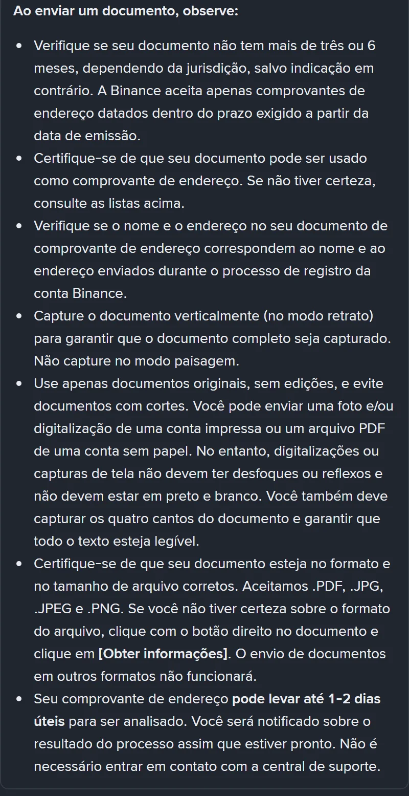Bloco "Ao enviar um documento, observe" na página oficial da Binance em português, com as orientações de prazo de três ou seis meses conforme a jurisdição, conferência de nome e endereço, captura no modo retrato com os quatro cantos visíveis, proibição de edições e cortes, formatos aceitos .PDF, .JPG, .JPEG e .PNG, e o aviso de que a análise pode levar até 1 a 2 dias úteis sem precisar acionar o suporte