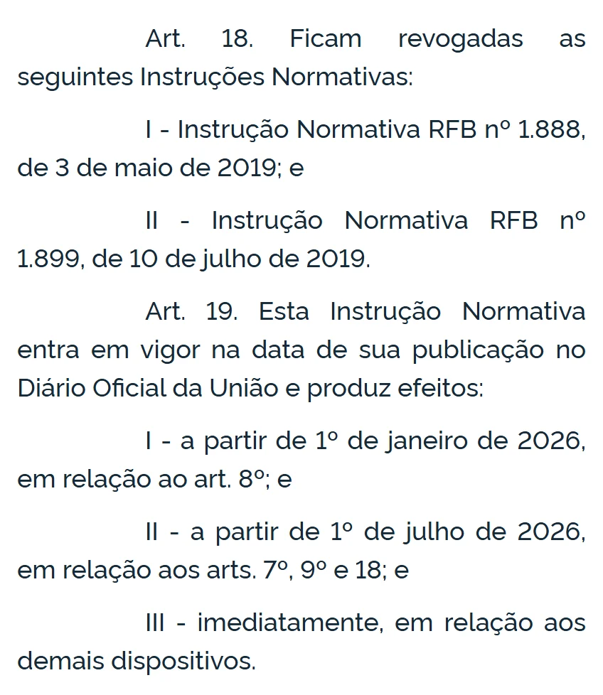 Artigos 18 e 19 da IN RFB 2.291/2025 no Diário Oficial, com a revogação da IN 1.888/2019 e os efeitos a partir de julho de 2026