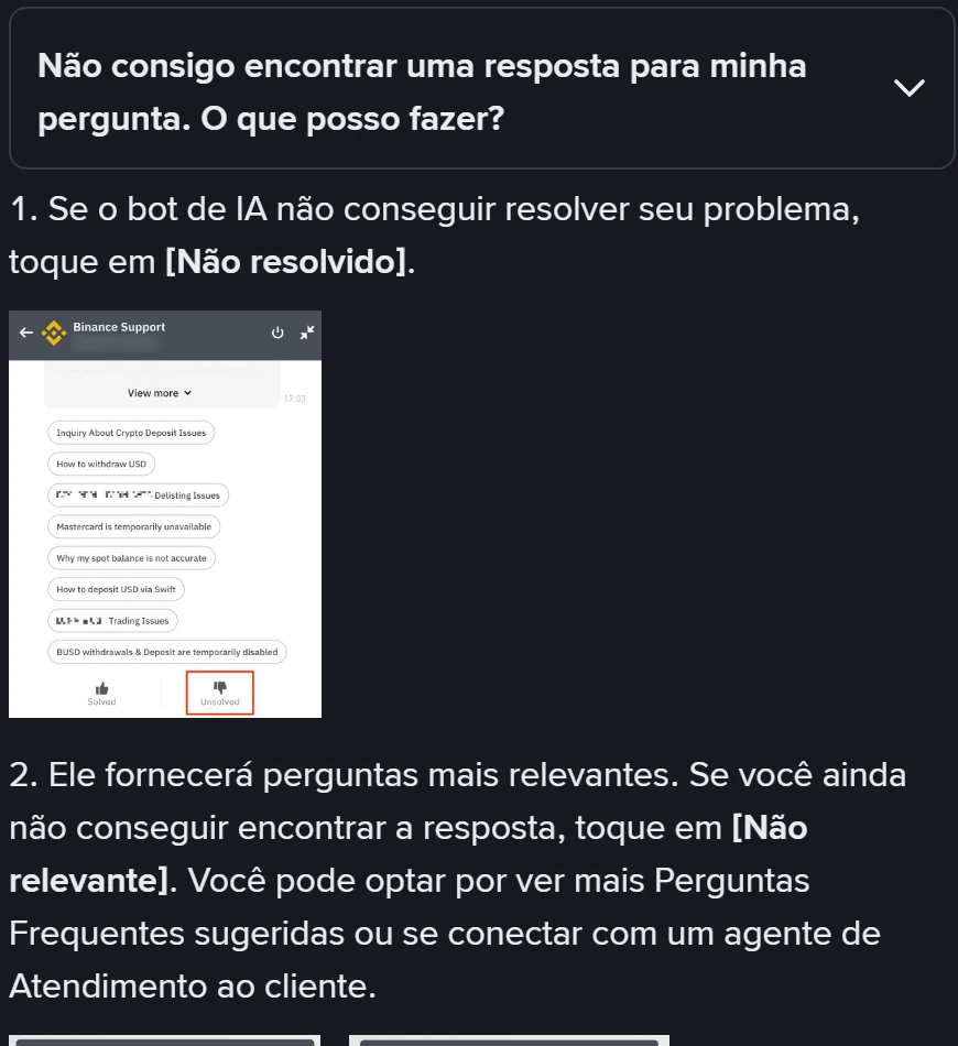 Trecho oficial mostrando a pergunta frequente sobre não encontrar resposta e a etapa 1, com a captura do chat do Binance Support e o botão Unsolved destacado em vermelho