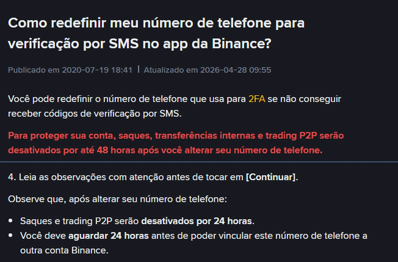 Duas partes da mesma página de ajuda da Binance em português sobre redefinir o número de telefone no app: a abertura em vermelho fala em até 48 horas, enquanto o passo 4 lista desativação por 24 horas e espera de 24 horas para vincular o número a outra conta