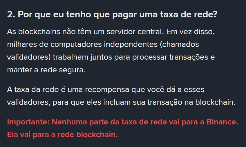 Item 2 do FAQ oficial sobre taxas de rede: explica que validadores processam as transações e destaca em vermelho que nenhuma parte da taxa de rede vai para a Binance, e sim para a rede blockchain