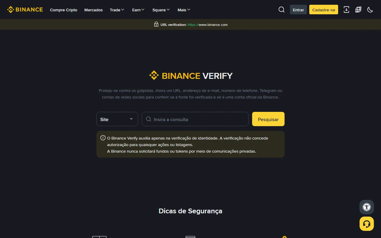 Página oficial do Binance Verify em português, com seletor de tipo, campo de consulta e botão Pesquisar