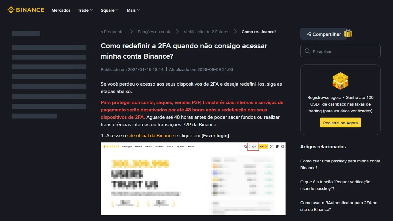 Página oficial da Binance em português com o aviso de que a redefinição do 2FA pode desativar saques, P2P, transferências internas e pagamentos por até 48 horas