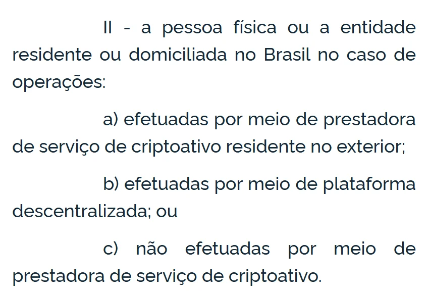 Inciso II do artigo 5º: pessoa física obrigada quando opera por prestadora no exterior, plataforma descentralizada ou fora de prestadora