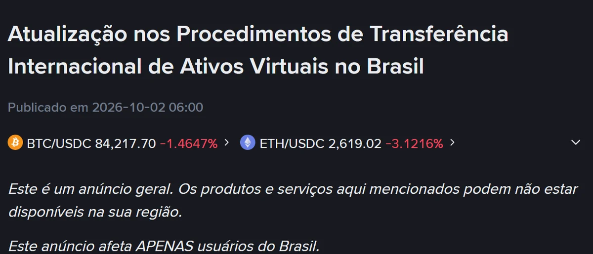 Cripto para fora do Brasil na Binance muda em 1º de novembro de 2026: o que será pedido