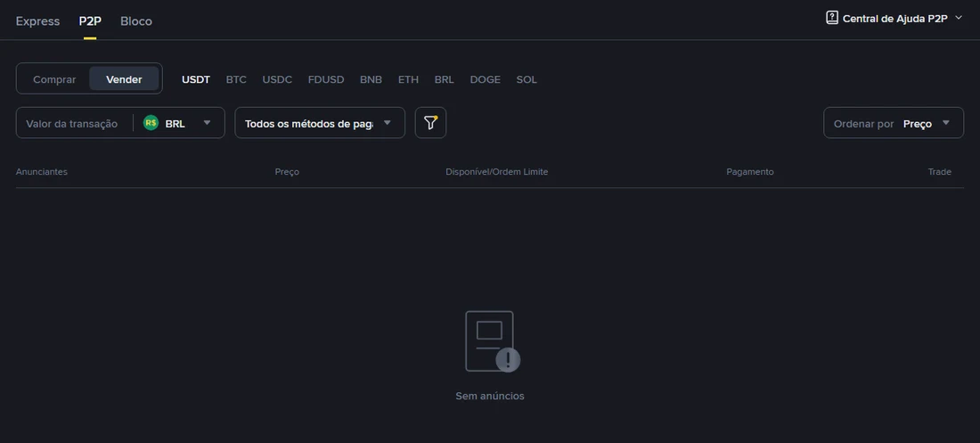 Página pública de P2P da Binance em português, aba Vender, com USDT selecionado e moeda BRL, exibindo a mensagem "Sem anúncios"